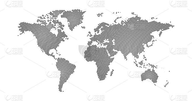 黑色半色调圆形虚线世界地图。矢量插图。平...