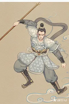 古风工笔画，西游记古风人物，杨戬，新国风插画，简单背景，古风，全身立绘，比例 「2_3」(2)