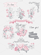 big set of wedding bouquets of pink roses, arrange