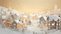 A christmas village in paper format showing snow, in the style of soft tonal transitions, 32k uhd, ethereal illustrations, light gray and light amber, animated illustrations, calming effect, light white and white
