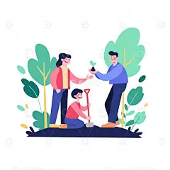 扁平风植树节种树的一家三口亲子家庭矢量插画高清模板免费下载-趣麦麦图