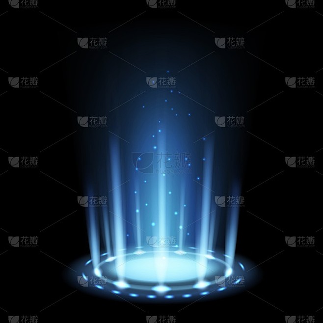 门户的魔力。带有蓝色光束和发光粒子的真实灯光效果。3D未来的传送漏斗。孤立的圆圈和明亮的光线。传送的
