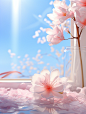 a pink blooming flower is in the corner of the room, in the style of dreamlike scenery, light sky-blue, windows vista, fairycore, transparent/translucent medium, flowing textures, 32k uhd