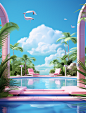 swimming pool with flamingos and an airplane, in the style of realistic and hyper-detailed renderings, deco-pop, vibrant stage backdrops, daz3d, bright color blocks, qian xuan, poster