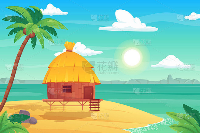 夏季热带岛屿与平房在平面卡通设计。沙滩与...