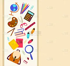 广告横幅在米色背景上再次回到学校。学校用品配件的销售海报元素。学校文具工具和文字位置。促销模板.办公