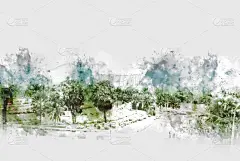 绘画插图,地形,背景,田地,山,抽象,色彩鲜艳,水彩画,水,天空
