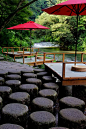 Kawadoko 川床 - Wooden terrace built over the river to enjoy meals in the cool breeze, Japan.: 