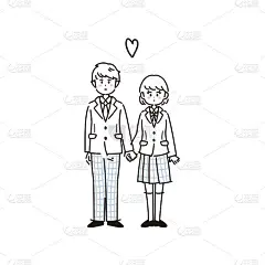 这是一对高中学生夫妇的插图。在线条图中，没有填充部分。向量。