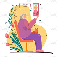 打电话给你妈妈母亲节的卡通画。老妇人坐在长椅上，拿着智能手机。猫躺在奶奶的腿上.视频链接，谈话，与女