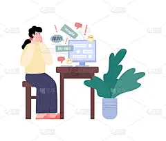 有女孩收到负面信息的网络欺凌，平面矢量图。