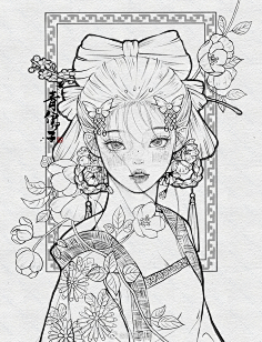 古风动漫插画线稿图片素材 古风白描图_www