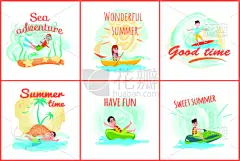 海洋,夏天,矢量,绘画插图,船,运动,皮划艇,海星,冒险