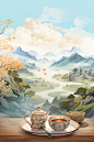 茶壶山水中国风写实艺术插画