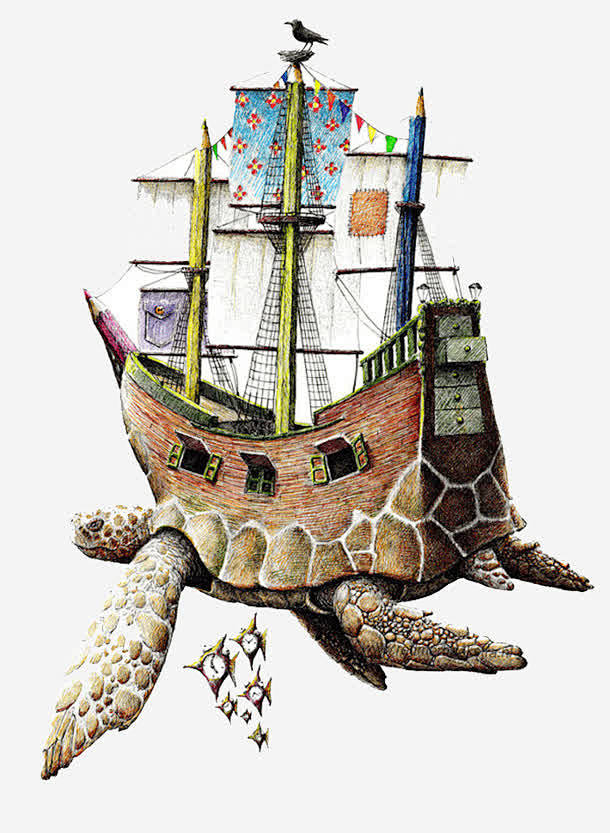 素描画插画乌龟高清素材 乌龟 大海 插画...