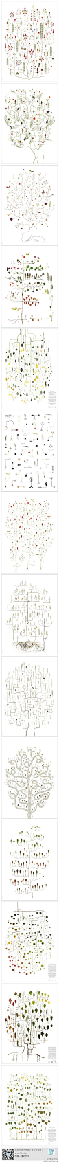 求是设计会网#求是爱插画#树的解析。瑞典艺术家Lotta Olsson绘制的“树”谱，生动地讲述了不同植物在不同生长时期和状态时叶子的状态，非常清新有趣！