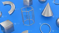 抽象的蓝色背景与梯度彩色几何银色金属元素。对象3d形状矢量最小海报。带有几何图形的图案。明亮的颜色和