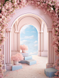 a pink photo with blue flower background, in the style of fairycore, 3d, romantic and nostalgic themes, mori kei, minimalist stage designs, arched doorways, piles/stacks