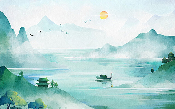 古风水墨山水背景国风水彩插画