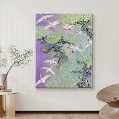 新中式仙鹤客厅装饰画抽象迎客松手绘油画大芬村松鹤延年玄关挂画-淘宝网
