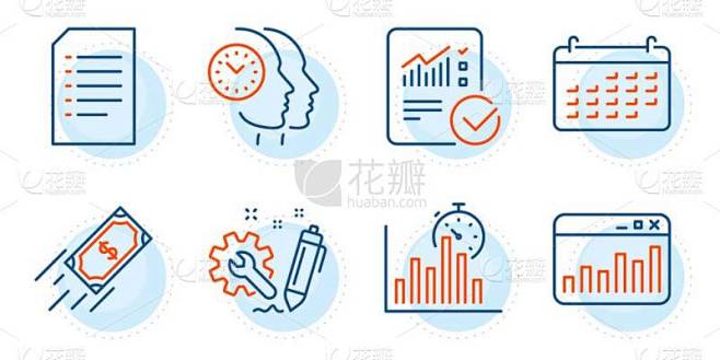 销售统计,核对计算和时间管理标志.报告定时器、工程和文档行图标设置.日历，快速支付符号。建筑部门的增