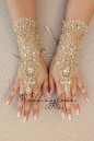 UNIQUE embroidered with gold Wedding Gloves  lace by WEDDINGGloves, $65.00: 