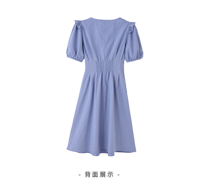 夏季新款高腰显瘦泡泡袖公主风抽褶方领连衣...
