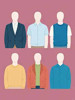 纯色背景上，一系列6个规整排布的简约插画风格人物上半身素材集合，每个素材均为裁剪至胸部以上的无脸人物，分别穿着西装、短袖、衬衫、毛衣、背心、外套6种完全不同的服饰类目，所有服饰采用平滑的插画线条，无复杂纹理，保持统一的简约插画风格和相同的构图比例，整体色彩明快且每个素材色彩变换明显。
