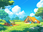 go camping, spring landscape, green grass, in the style of cute cartoonish designs, dreamlike visuals, webcam, bright colors, bold shapes --ar 4:3 --niji 6