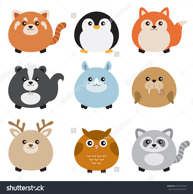 矢量图的可爱胖胖的动物包括红熊猫企鹅福克斯臭鼬犀牛海象鹿猫头鹰