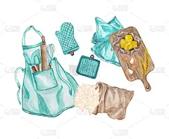 烘烤水彩集厨房用具，购物板，黄油，擀面杖，面粉，鸡蛋，锅架，围裙在白色的背景。前视图。手绘烹饪剪辑艺