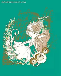 手绘带有翅膀的矢量女孩插画花朵花卉|卡通人物|卡通人物图片|绿色背景|漫画人物|人物素材|人物图片|矢量人物|矢量图形|手绘插画|植物素材