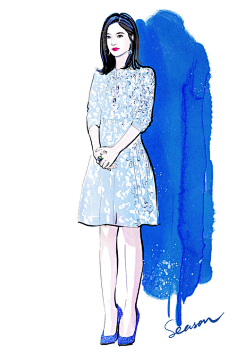 赵薇-花瓣网|陪你做生活的设计师 | 016早春花朵裙，出席电影#横冲直闯好莱坞#上海新闻发布会。##手绘##明星##插画#