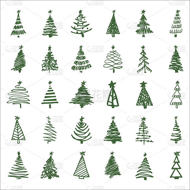 设置手绘素描圣诞和新年树