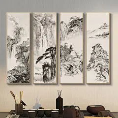 新中式客厅沙发墙装饰画中国风水墨四联山水画四条屏书房餐厅挂画