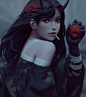 General 1500x1697 brunette women horns apples dress cigarettes smoking black hair long hair GUWEIZ digital art artwork gloves flower in hair blue eyes fantasy painting fantasy art fantasy girl digital painting oni girl