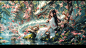 72100972-2096562616-1girl,long hair,black hair,dress,sitting,dragon,water,flower,letterboxed,white dress,outdoors,solo,tree,nature,hair ornament,bra