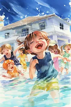 晴空游泳学生插画图片
