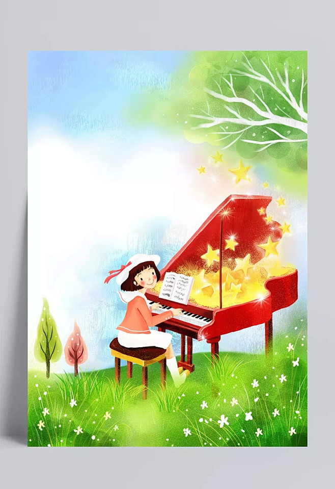 一张正在弹钢琴的小女孩卡通图片|PSD分...