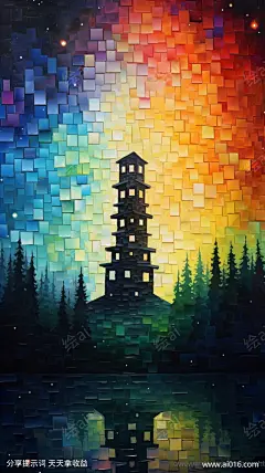 风景油画杰作_提示词查看_Midjourneyai绘图工具关键词描述词咒语_816X1456像素-夜晚,森林,唯美,彩虹色,神秘,图案,星空,灯塔,风景,拼贴画,油画,原画,写实-提示词编号:2023061310423731-绘ai-www.ai016.com