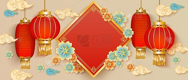 传统的中国新年卡片横幅与红灯笼和空白文本...