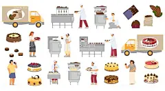 蛋糕烘焙元素  - 源文件下载【酷图网】蛋糕烘焙元素,烘焙元素,甜品制作,蛋糕师,送货车,矢量手绘,手绘元素,设计元素