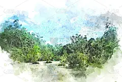 摘要以森林中的绿树景观为背景的水彩插画。