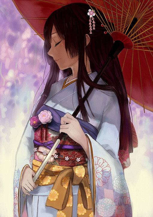 日本印象 樱花红伞和服少女。