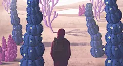 点击来源直接获取大图文件 |超现实艺术的想象概念理念，一个男人在幻想花园。3D 插画。大自然风景中的神秘。仙人掌