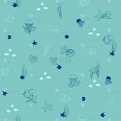 无缝矢量背景手绘海贝和星星。海洋贝类插图，绿松石和蓝色，与水母，鱼和珊瑚