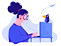 Office blue laptop designer business work hairstyle hair fly plane affinity designer uran person office woman animal bird girl people character illustration