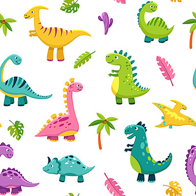 可爱卡通恐龙动物儿童印花图案底纹无缝平铺...