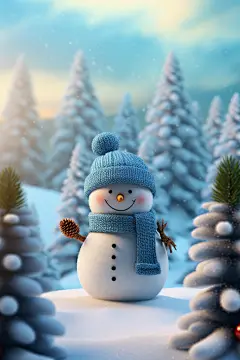可爱冬天雪人植物树木素材图片