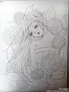 水彩画 手绘 插画 女孩 作者微博by 森眠子 小清新 少女心  花 童话 花花草草 步骤 教程 线稿 线条 水彩